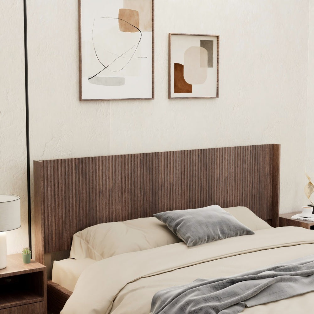 English Elm Wood Fluted Wingback Queen Headboard Walnut Finish Modern Farmhouse Wall Mounted W3520P383457