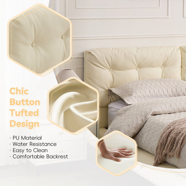 English Elm Christopher Knight Home® - Queen Plush Leather Upholstered Bed Frame with Wingback Headboard, Wavy Footboard, Quiet Support White 37.59 L x 32.25 W x 13 H N761S0000022W