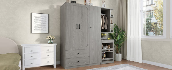 English Elm Multifunctional Wardrobe Cabinet with Fold Out Desk Hanging Rod and Storage Drawers Gray W1580S00476