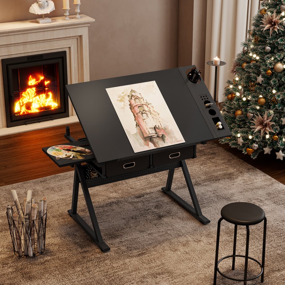 English Elm adjustable drafting table with tilting MDF top, 2 large fabric drawers, adjustable height stool included Black W347P392774