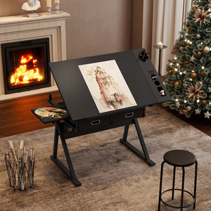 English Elm adjustable drafting table with tilting MDF top, 2 large fabric drawers, adjustable height stool included Black W347P392774