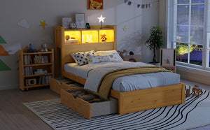 English Elm Twin Wood Storage Bed with Led Headboard Drawers and Pull Out Cabinet for Kids Natural W2593S00049