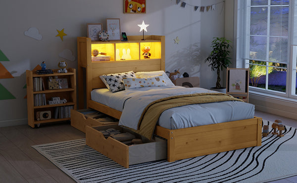 English Elm Twin Wood Storage Bed with Led Headboard Drawers and Pull Out Cabinet for Kids Natural W2593S00049