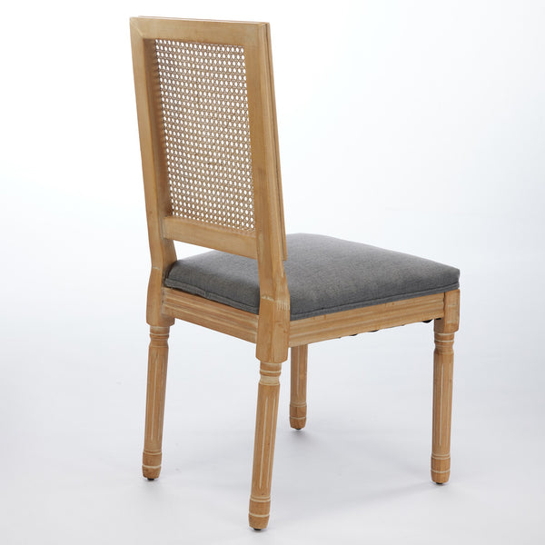 English Elm French Louis Dining Chair Set of 2 with Rattan Square Backrest, Carved Solid Wood Frame, Cushioned Elegance Gray W1143P335057