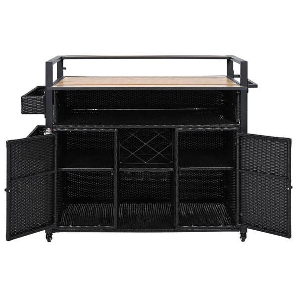 English Elm K&K Wicker Outdoor Grill Cart with Foldable Drop Leaf, Locking Wheels, Wine Rack & Ample Storage Black Brown N707P233747B