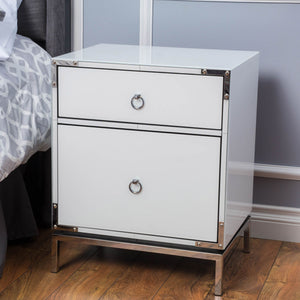 English Elm Christopher Knight Home® - Modern White End Table Nightstand with 2 Drawers, Mirrored Silver Trim & Legs, Compact Glass Bedside 65936.00