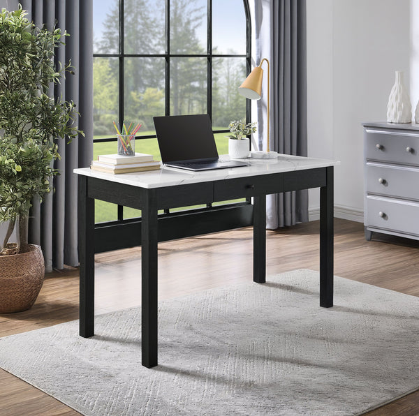 English Elm 1pc Modern Desk Elegance with Marble-Look Top and Sturdy Base, Spacious Workstation with Two Drawers for Organized Home Office Black,White 26.6 L x 51.18 W x 6.5 H B011P378481
