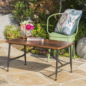 English Elm Christopher Knight Home® - Rectangle Industrial Outdoor Coffee Table with Acacia Wood Top, Angled Tubular Iron Legs, Black Finish, Weather-Resistant Protection 60729.00