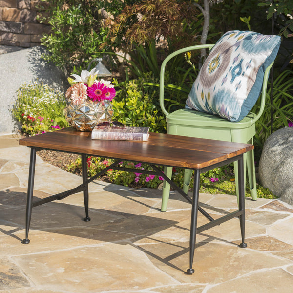 English Elm Christopher Knight Home® - Rectangle Industrial Outdoor Coffee Table with Acacia Wood Top, Angled Tubular Iron Legs, Black Finish, Weather-Resistant Protection 60729.00