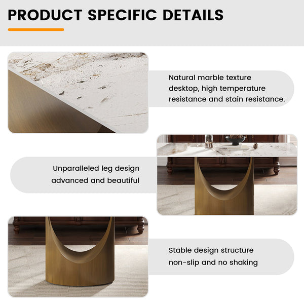 English Elm 63" Modern Rectangular Dining Table With White Sintered Stone Top & Bronze Iron Legs - Seats 6-8! W1535S00553
