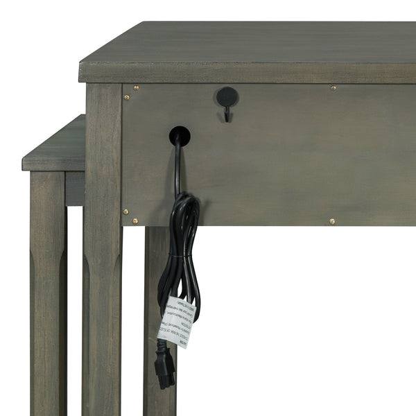 English Elm TREXM Expandable Kitchen Island with Hidden Pull-Out Extension, Built-In Outlets, Retro Storage Wheels Gray XW000023AAE