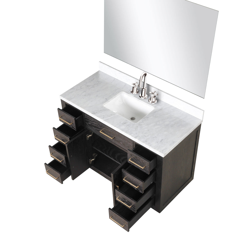 English Elm Brown Oak Single Bath Vanity Set With Carrara Marble Top, Chrome Faucet & Frameless Mirror - 48" W B2731S01958