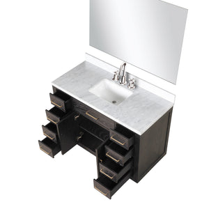 English Elm Brown Oak Single Bath Vanity Set With Carrara Marble Top, Chrome Faucet & Frameless Mirror - 48" W B2731S01958
