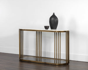 Sunpan Naxos Console Table - Elegant Carrara Marble Top & Rustic Bronze Frame, Perfect for Any Space!
