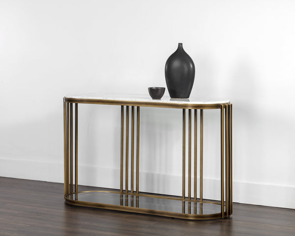 Sunpan Naxos Console Table - Elegant Carrara Marble Top & Rustic Bronze Frame, Perfect for Any Space!