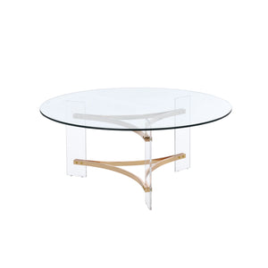 English Elm Sosi Gold Finish Coffee Table with 10mm Tempered Glass Top, Triangular Chrome Frame & Acrylic Base B2726P263407
