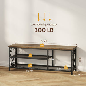 English Elm Vividwood Industrial Entryway Bench Rustic Wood Top Metal Frame Scrollwork Shoe Organizer Brown T5618P505964