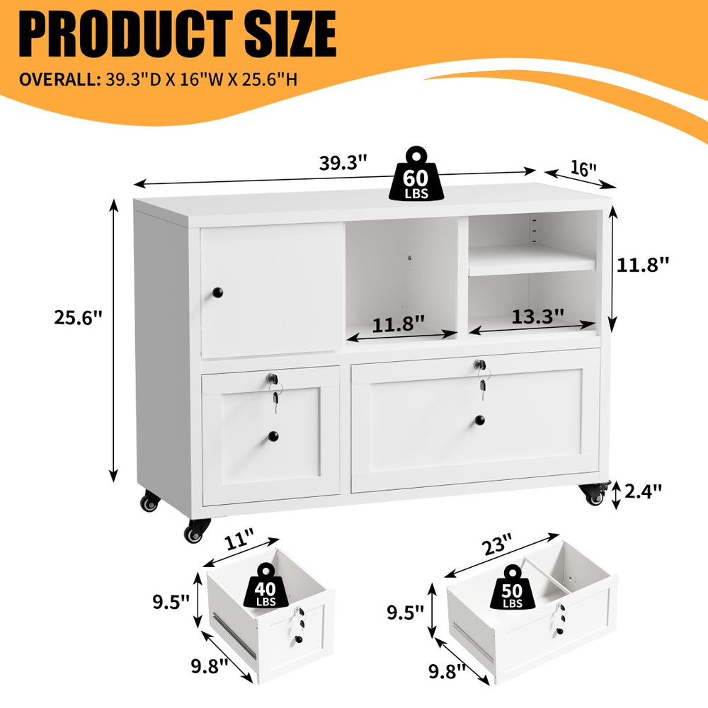 English Elm 28"h White Steel Rolling File Cabinet Locking Drawers Quiet Slides Home Office T2398P465996