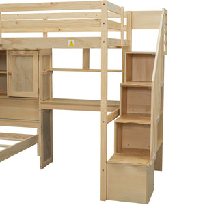 English Elm Twin Over Twin Loft Bed with Built-In Desk, Stairs, Shelving and Storage Headboard for Space-Saving Rooms Natural GX000465AAN