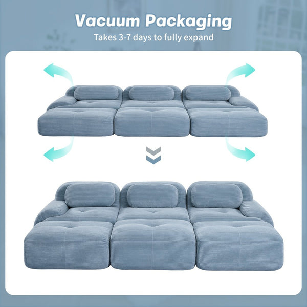 English Elm Three-seat Modular Corduroy Sectional Sofa with Ottomans for Living and Media Rooms Blue W714S01251