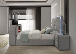 English Elm Shelyn Teddy Sherpa Queen Bed with LED Headboard, Fireplace TV Lift, Bluetooth Speakers & Storage Gray 85.83 L x 12.6 W x 6.1 H B2726S00529