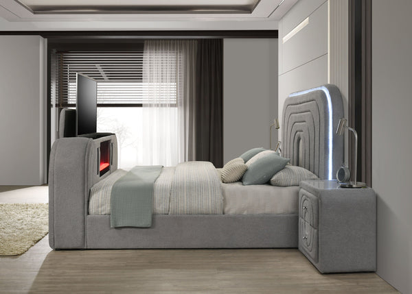 English Elm Shelyn Teddy Sherpa Queen Bed with LED Headboard, Fireplace TV Lift, Bluetooth Speakers & Storage Gray 85.83 L x 12.6 W x 6.1 H B2726S00529