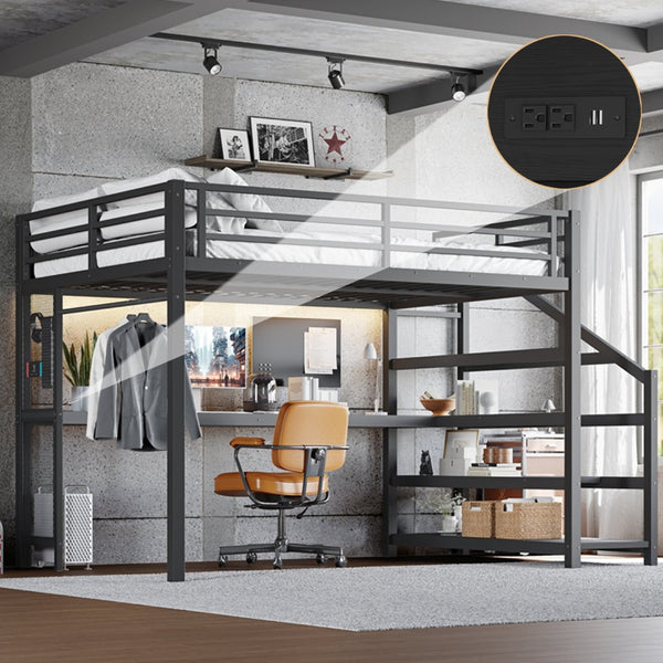 English Elm Twin Xl Metal Loft Bed with Stair Storage Shelves Sturdy Steel Frame for Dorms W1580S00434