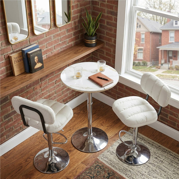 English Elm Set of 2 Adjustable Pu Leather Barstools with Chrome Base for Kitchen or Home Bar White+Silver W3875P378574