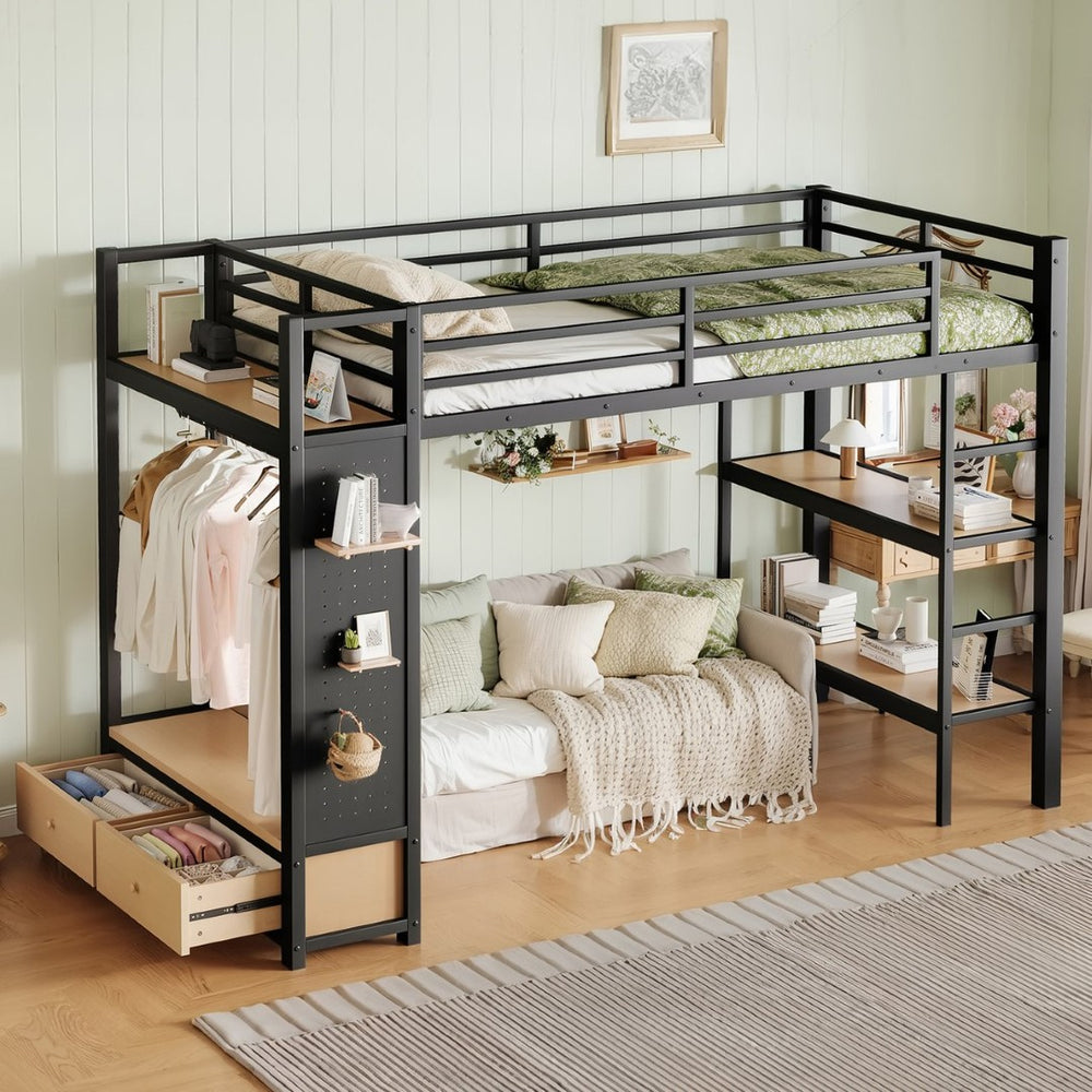 English Elm Full Size Pine Loft Bed House Frame with Slide Bookshelves and Moon Star Rails W1580S00590