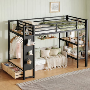 English Elm Full Size Pine Loft Bed House Frame with Slide Bookshelves and Moon Star Rails W1580S00590