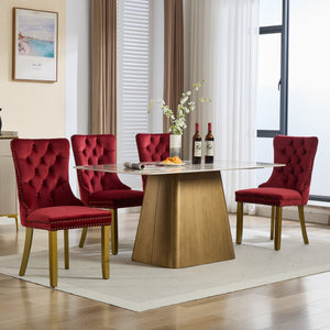 English Elm Mid-Century Lion Head Pull Ring Velvet Dining Chair with Tufted Cushion, Gold Wood Legs, Nailhead Trim WINE RED W1143P233645