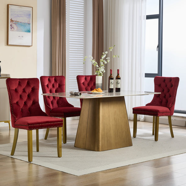 English Elm Mid-Century Lion Head Pull Ring Velvet Dining Chair with Tufted Cushion, Gold Wood Legs, Nailhead Trim WINE RED W1143P233645