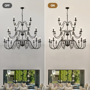 English Elm Farmhouse 24 Light Black Metal Chandelier for High Ceiling Dining and Living Rooms W5008P391535