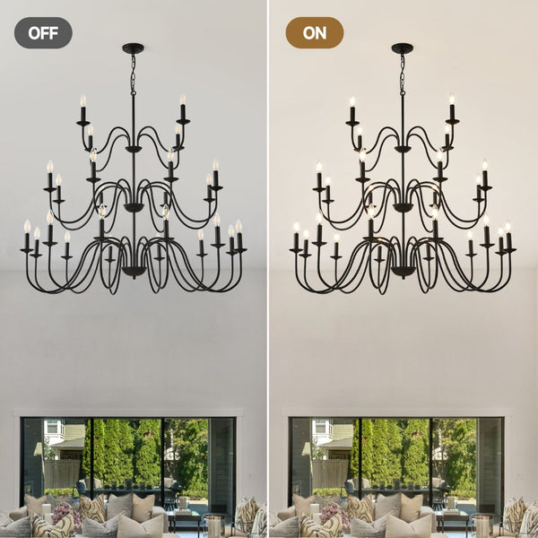 English Elm Farmhouse 24 Light Black Metal Chandelier for High Ceiling Dining and Living Rooms W5008P391535