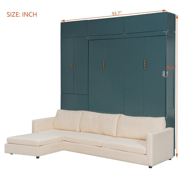English Elm Queen Murphy Bed with L-shaped Velvet Sofa Storage Cabinets for Studio Living Green LP000765AAA-1