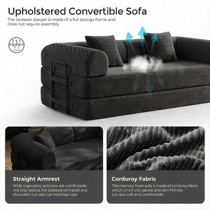 English Elm Convertible Corduroy Floor Sofa with Folding Sleeper and Bolster Pillow for Apartments Black W5638P460678