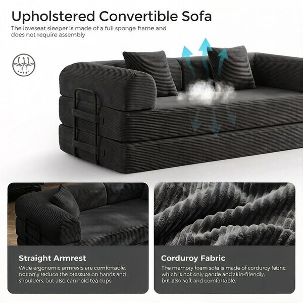 English Elm Convertible Corduroy Floor Sofa with Folding Sleeper and Bolster Pillow for Apartments Black W5638P460678