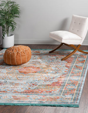 Unique Loom Baracoa Malecon Machine Made Border Rug Light Blue, Orange/Turquoise/Pink/Ivory 8' 2" x 8' 2"