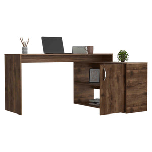 English Elm Antlia Brown L-Shaped Writing Desk with Single Door Cabinet and Two Shelves, 59.6" x 25.4" B128S00160