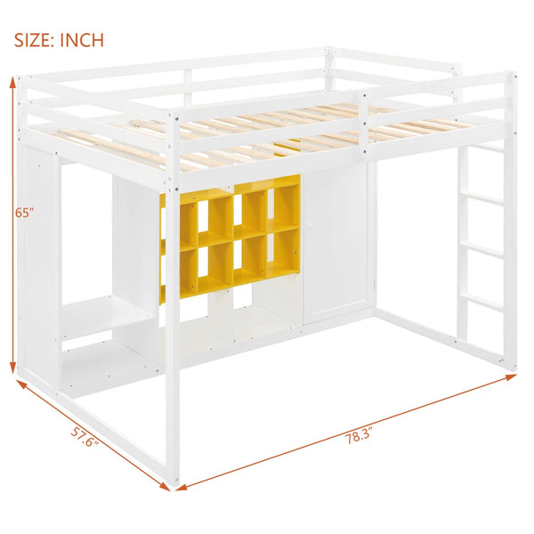 English Elm Twin Loft Bed with Wardrobe Shelves and Cabinet Kids Bedroom Wood Storage Frame Yellow+White N708S00024K