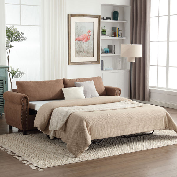 English Elm U_Style Convertible 2-in-1 Sofa Bed Sleeper with Large 63"x70.9" Mattress, Retro Rivet Accent Design Brown W2705S00020