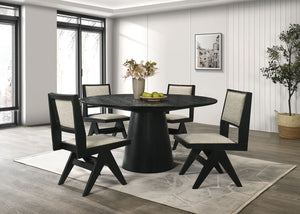 English Elm Dining Solid Wood Dining Table with Dual Pedestal Trestle Base and 18" Leaf, Molded Detail Finish Black 63 L x 63 W x 8 H B2741S00132