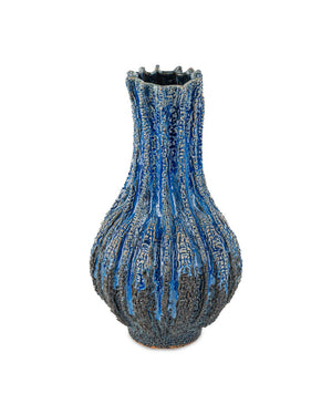 Currey & Company Folios Vase - Handcrafted Dark Clay Ceramic With Unique Blue Reactive Glaze & Textured Design Blue Ceramic 1200-1048-currey-company