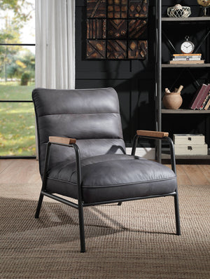 English Elm Nignu Gray Top Grain Leather Accent Chair with Matte Iron Frame, 8" Foam Cushions, Modern Luxe Appeal B2726P255749