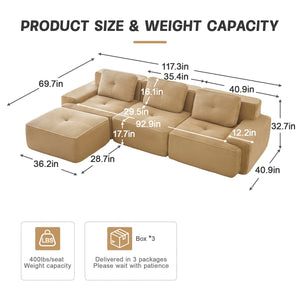 English Elm 117" Modern L-Shaped Sectional Sofa In Camel Corduroy – No Assembly, Deep Seats & Movable Ottoman W714S01468
