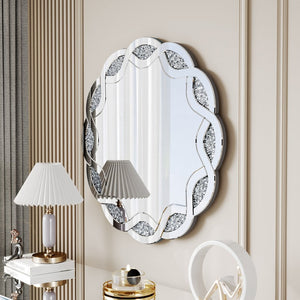 English Elm Silver Wave Frame Round Wall Mirror with Diamond Beveled Facets for Glam Home Decor W1445P370440