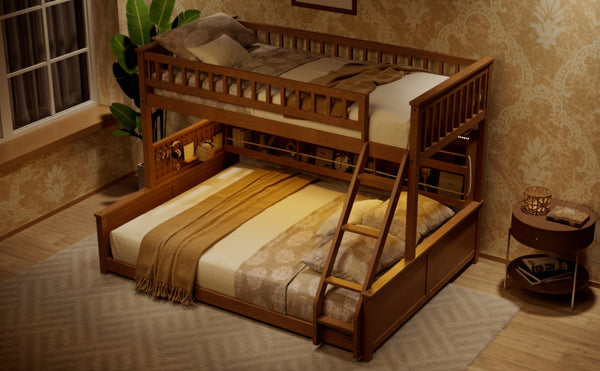 English Elm Twin Xl Over Queen Bunk Bed with Led Lighting Shelving and Pegboard Pinewood Frame Brown LT000280AAP
