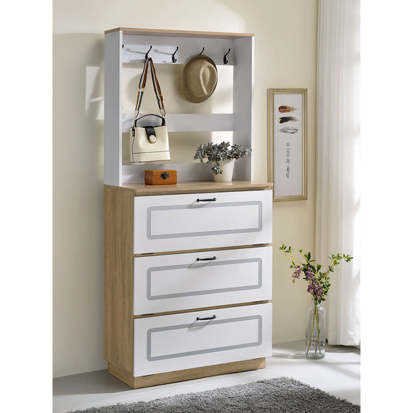 English Elm Light Oak 12-Pair Shoe Cabinet with 3 Drop-Down Drawers, 10 Metal Hooks, Durable 15mm Shelves - Space-Saving Entryway Storage (47.5" H x 32.5" W x 12.5" D) B062P189216
