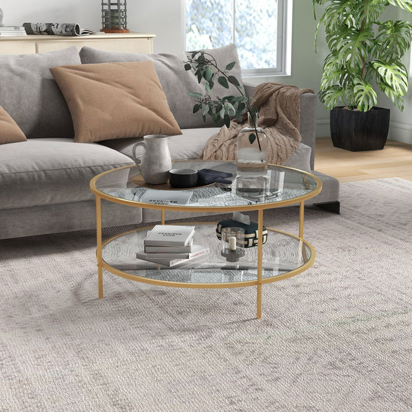 English Elm Homcom 36" Round Side Table With 2-Tier Glass Shelves And Gold Steel Frame For Stylish Living Spaces W2225P217454