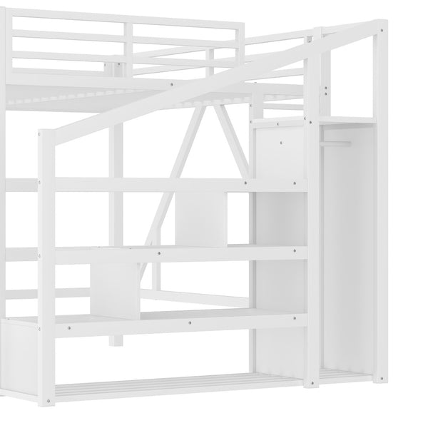 English Elm Full Xl Over Twin Triple Metal Bunk Bed with Storage Stairs and Shelves Black W1580S00414